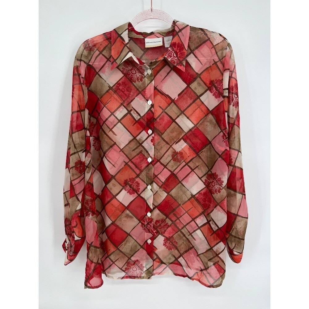 Alfred Dunner Button-Up Top Floral Print Sheer Blouse Red Brown 16W